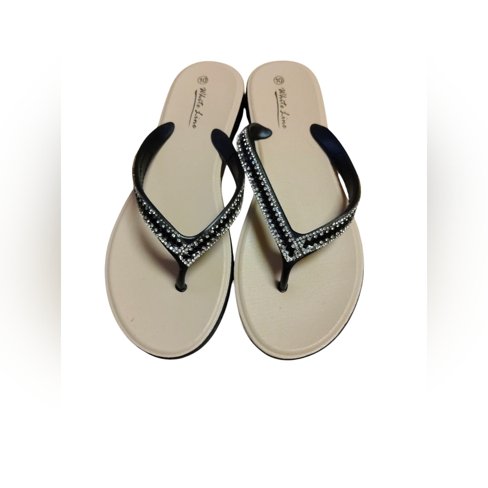 White Line Women's Black & Tan Rhinestone Bling Beaded Thong Sandals, Sz 10